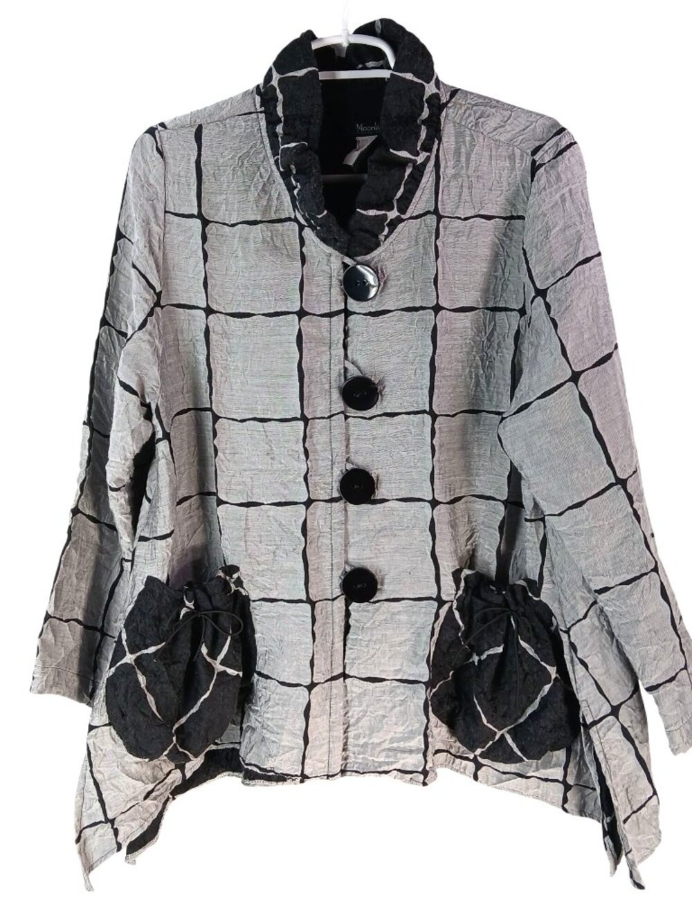 Moonlight Y&S Womens Crinkle Gray Black Grid Button Jacket Size L Pouch Pockets